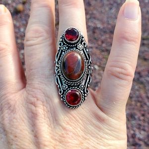 New Red Tiger Eye and Garnet 925 Silver Statement Ring.